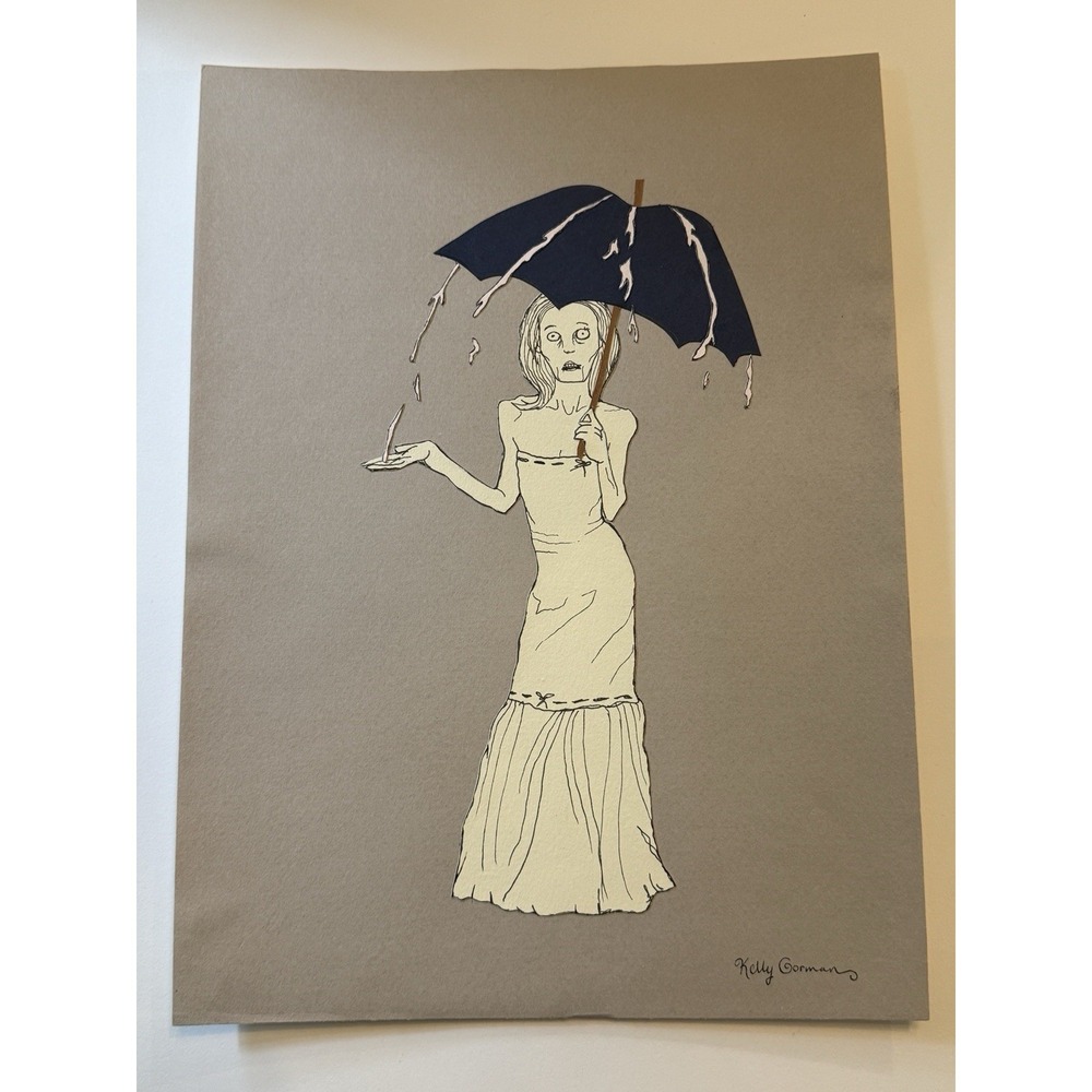 Stuck in the Rain - Original Drawing Pen Ink Collage Vintage Art OOAK Signed